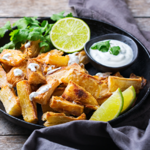 fried cassava root with dipping sauce