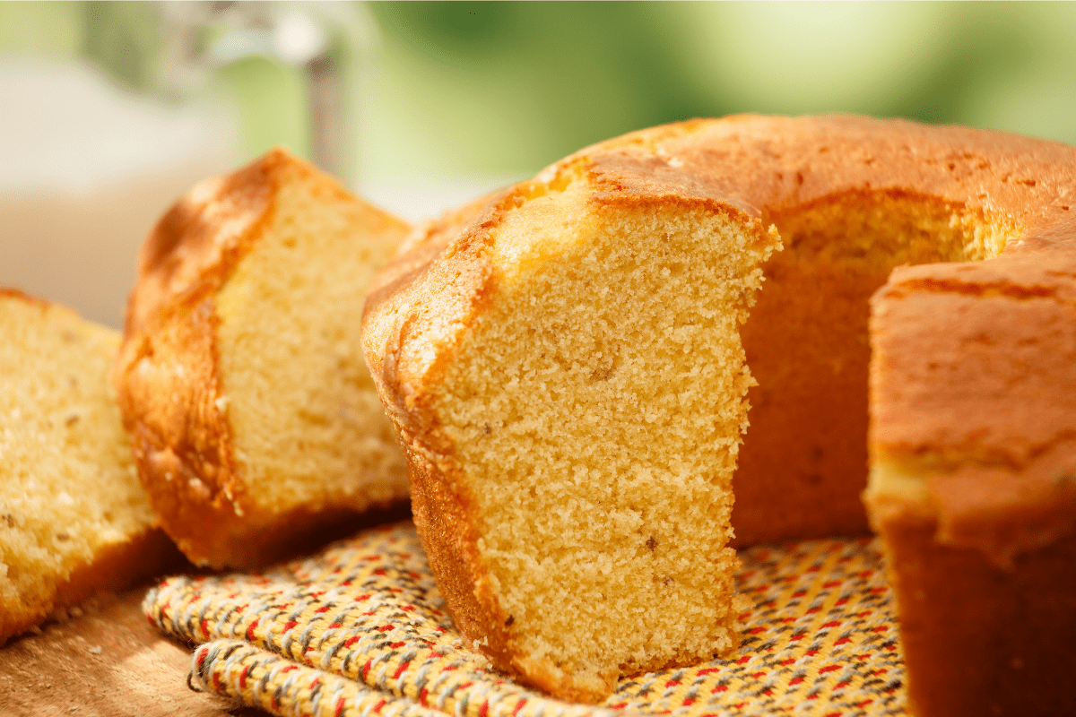 Brazilian cornmeal cake with a slice missing