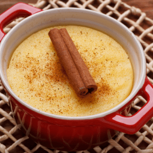 Brazilian sweet corn pudding in red dish with cinnamon stick