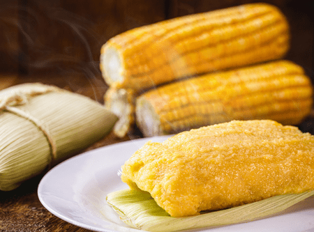Brazilian pamonha on plate with fresh corn in the background