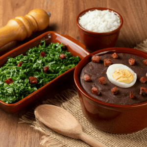 Brazilian collards alongside feijoada black bean stew and rice