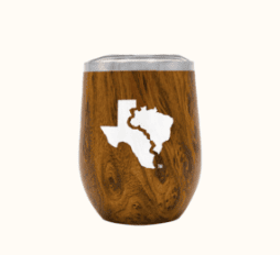 Texas de Brazil wine tumbler with wood grain pattern