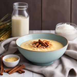 blue bowl of cornmeal porridge topped with cinnamon sticks