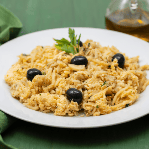 plate of bacalhau a bras, a Brazilian dish made with egg and salt cod