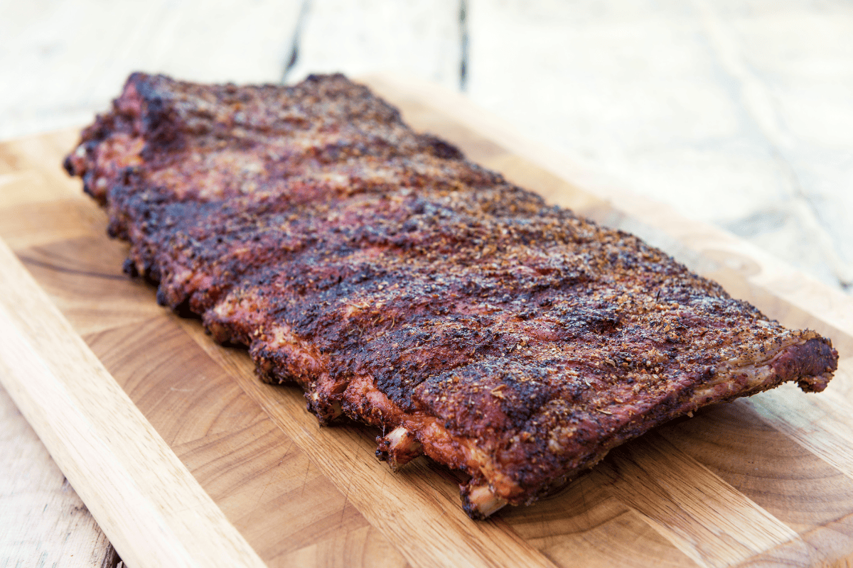 a rack of St Louis Style ribs with a dry rub