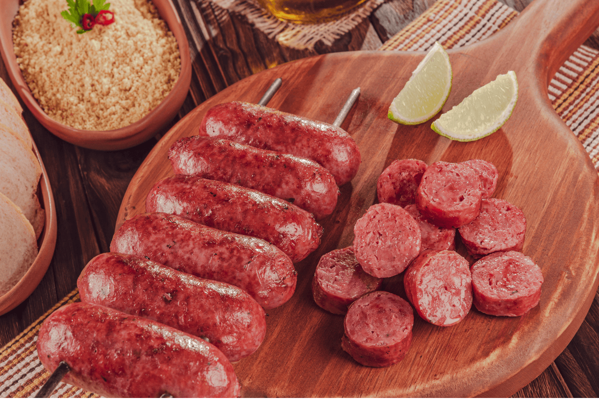 a platter of grilled linguica, or Portuguese smoked sausages